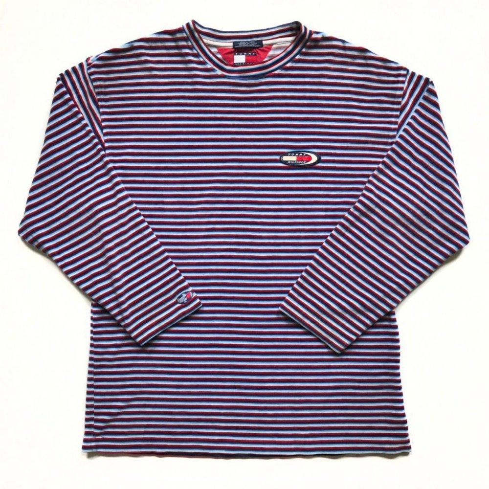Vintage 90s‎ Tommy Hilfiger Men Multicolor Red White Blue Stripe Velvet Shirt